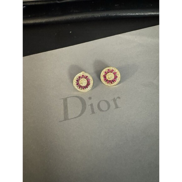 Christian Dior Stamped CD Authentic Magenta Crystals Medallion Stud Earrings - Picture 3 of 16